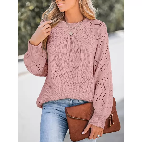 imageCUPSHE Women Sweater Blush Pointelle Knit Raglan Sleeve Sweater Tops Long Sleeves Pullover Casual PinkRed