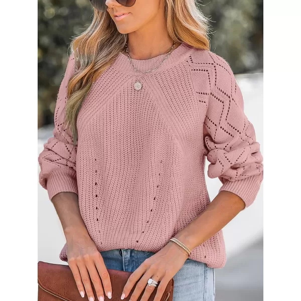 imageCUPSHE Women Sweater Blush Pointelle Knit Raglan Sleeve Sweater Tops Long Sleeves Pullover Casual PinkRed