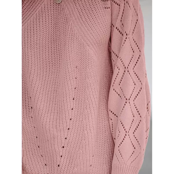 imageCUPSHE Women Sweater Blush Pointelle Knit Raglan Sleeve Sweater Tops Long Sleeves Pullover Casual PinkRed