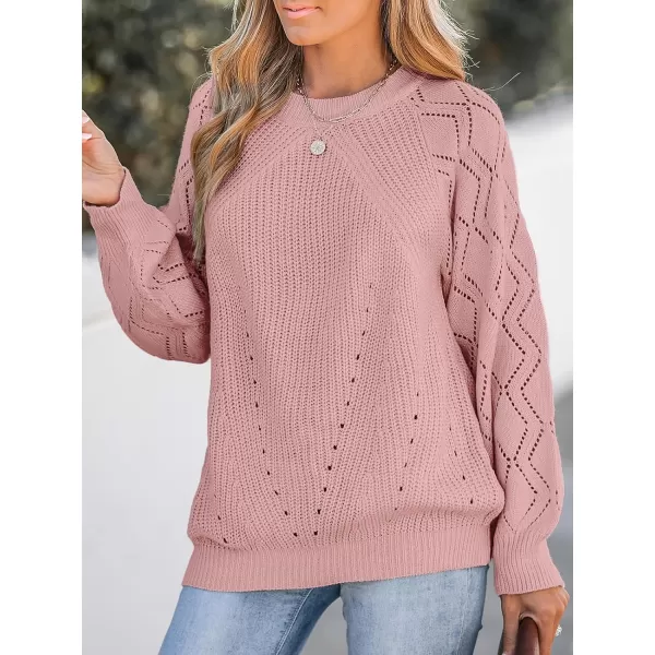 imageCUPSHE Women Sweater Blush Pointelle Knit Raglan Sleeve Sweater Tops Long Sleeves Pullover Casual PinkRed