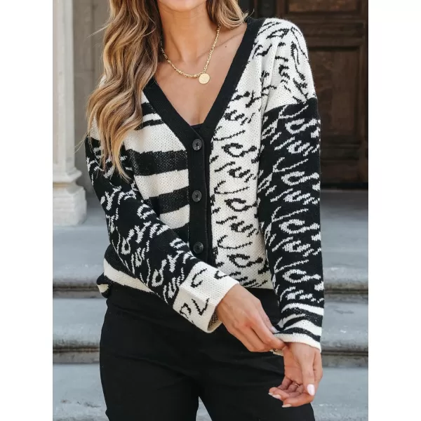 imageCUPSHE Women Sweater Cardigans Striped Leopard VNeck Ribbed Trim OpenFront Knit Dropped Long Sleeves Relaxed CoatLeopard