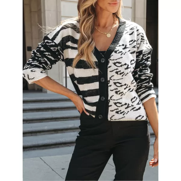 imageCUPSHE Women Sweater Cardigans Striped Leopard VNeck Ribbed Trim OpenFront Knit Dropped Long Sleeves Relaxed CoatLeopard