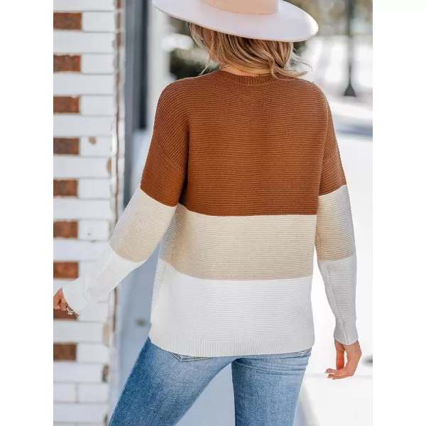 imageCUPSHE Women Sweater Colorblock Striped Rib Long Sleeve Round Neck PulloversBrown Stripe