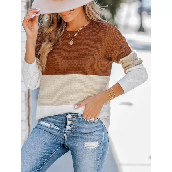 imageCUPSHE Women Sweater Colorblock Striped Rib Long Sleeve Round Neck PulloversBrown Stripe
