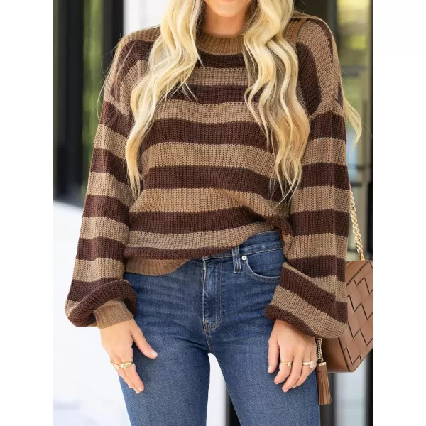 imageCUPSHE Women Sweater Cozy Striped Rib Long Sleeve Round Neck PulloversBrown Stripe