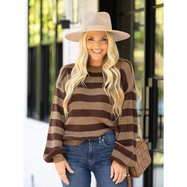 imageCUPSHE Women Sweater Cozy Striped Rib Long Sleeve Round Neck PulloversBrown Stripe