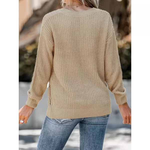 imageCUPSHE Women Sweater Crochet VNeck Tops Long Drop Sleeve Pullover CasualBrown
