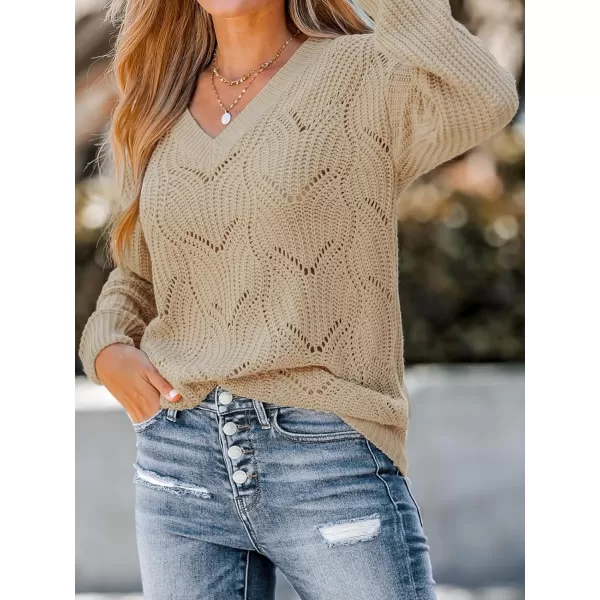 imageCUPSHE Women Sweater Crochet VNeck Tops Long Drop Sleeve Pullover CasualBrown