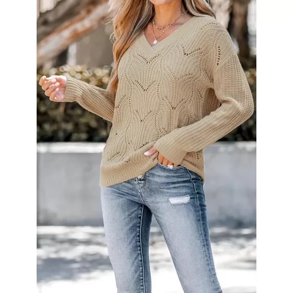 imageCUPSHE Women Sweater Crochet VNeck Tops Long Drop Sleeve Pullover CasualBrown