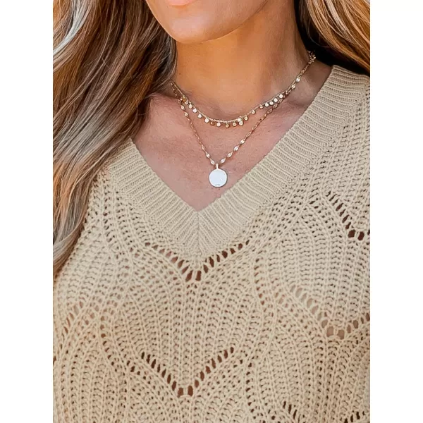 imageCUPSHE Women Sweater Crochet VNeck Tops Long Drop Sleeve Pullover CasualBrown
