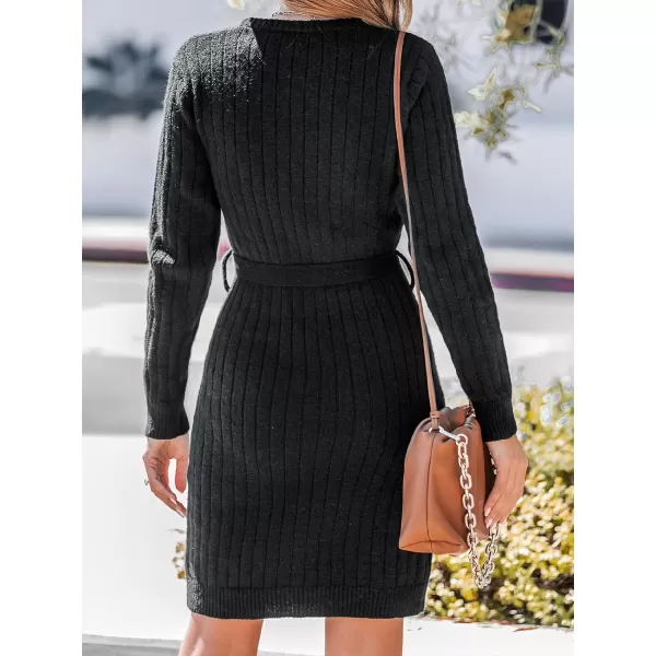 imageCUPSHE Women Sweater Dress Knit V Neck Casual Mini Black Dress Long SleevesBlack