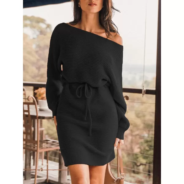 imageCUPSHE Women Sweater Dress Long Sleeve Pullover One Shoudler Drawstring Sweater DressBlack