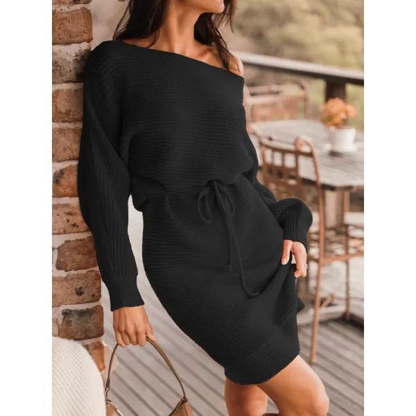 imageCUPSHE Women Sweater Dress Long Sleeve Pullover One Shoudler Drawstring Sweater DressBlack