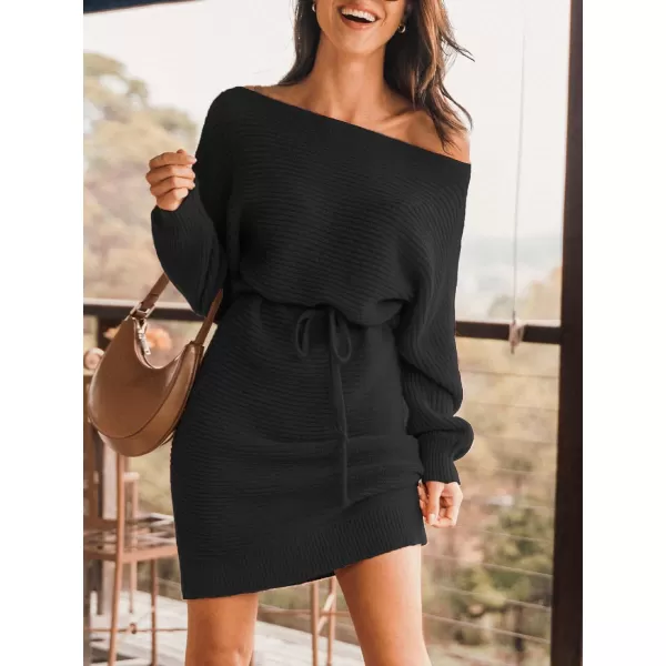 imageCUPSHE Women Sweater Dress Long Sleeve Pullover One Shoudler Drawstring Sweater DressBlack
