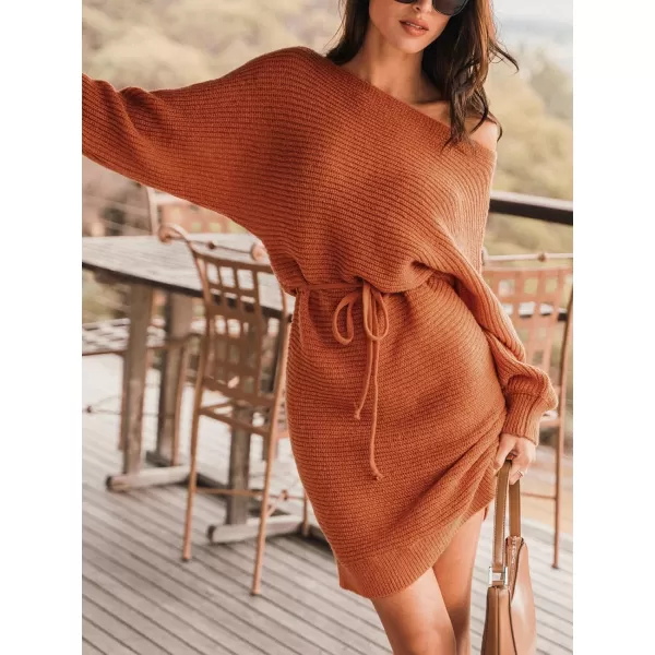 imageCUPSHE Women Sweater Dress Long Sleeve Pullover One Shoudler Drawstring Sweater DressOrange