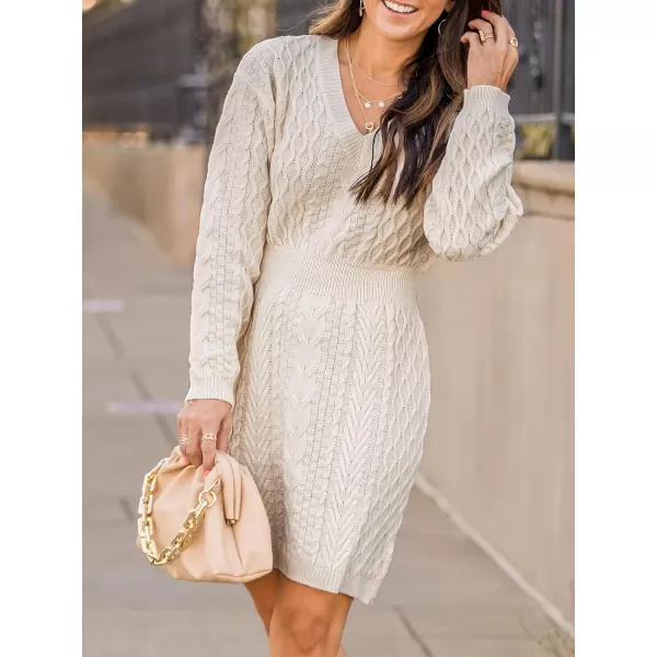 imageCUPSHE Women Sweater Dress Long Sleeve V Neck Cable Knit Chunky Pullover Short Sweater DressingApricot