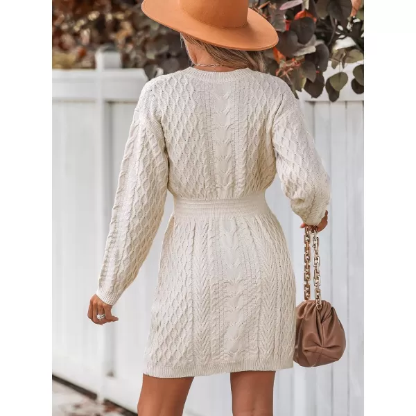 imageCUPSHE Women Sweater Dress Long Sleeve V Neck Cable Knit Chunky Pullover Short Sweater DressingApricot