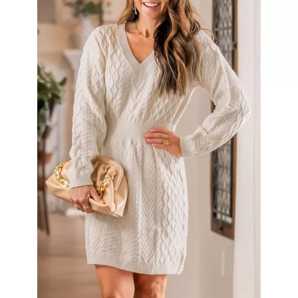 imageCUPSHE Women Sweater Dress Long Sleeve V Neck Cable Knit Chunky Pullover Short Sweater DressingApricot