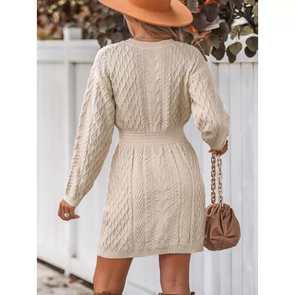 imageCUPSHE Women Sweater Dress Long Sleeve V Neck Cable Knit Chunky Pullover Short Sweater DressingBeige