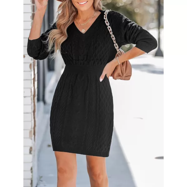 imageCUPSHE Women Sweater Dress Long Sleeve V Neck Cable Knit Chunky Pullover Short Sweater DressingBlack