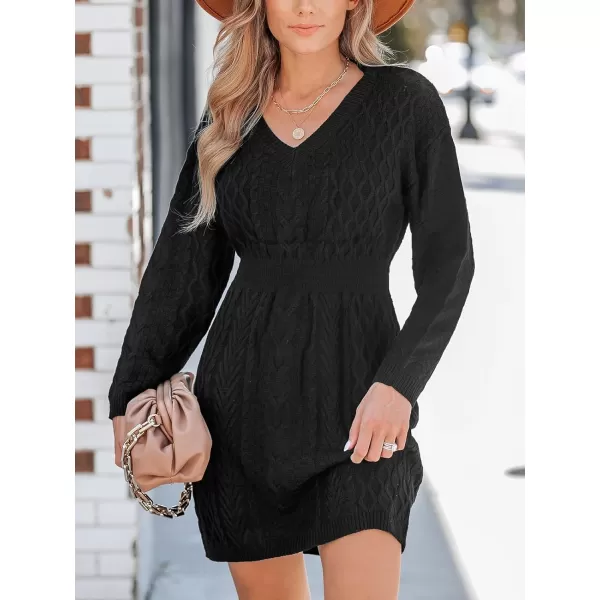 imageCUPSHE Women Sweater Dress Long Sleeve V Neck Cable Knit Chunky Pullover Short Sweater DressingBlack