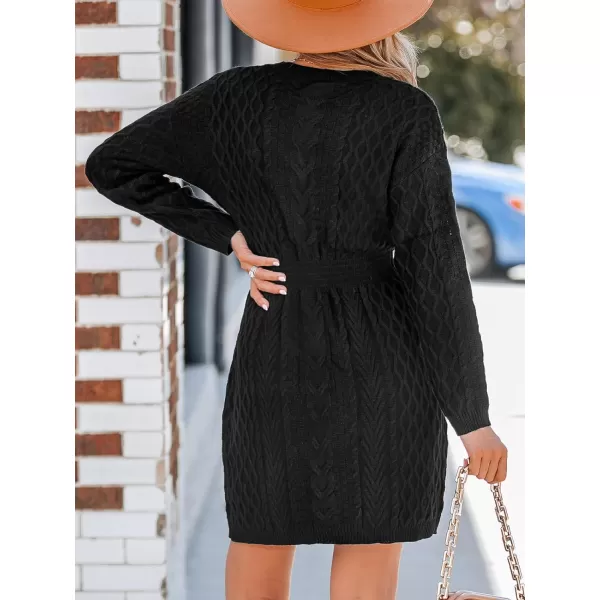 imageCUPSHE Women Sweater Dress Long Sleeve V Neck Cable Knit Chunky Pullover Short Sweater DressingBlack