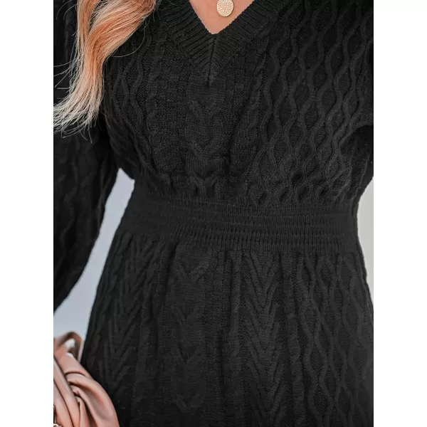 imageCUPSHE Women Sweater Dress Long Sleeve V Neck Cable Knit Chunky Pullover Short Sweater DressingBlack