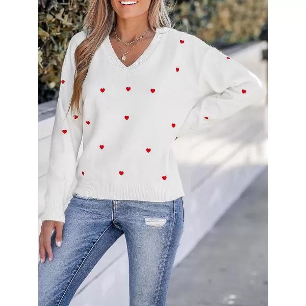 imageCUPSHE Women Sweater Embroidered Heart VNeck Dropped Long Sleeves Romantic Jumper TopsWhite