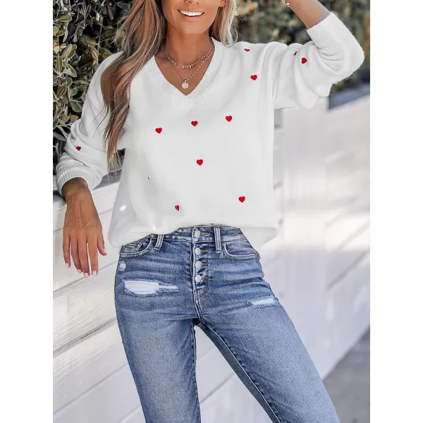 imageCUPSHE Women Sweater Embroidered Heart VNeck Dropped Long Sleeves Romantic Jumper TopsWhite