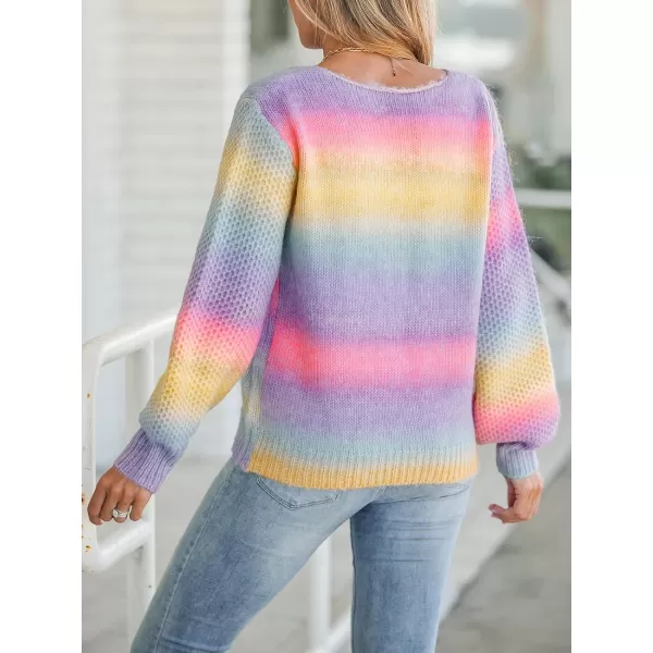 imageCUPSHE Women Sweater Ombre Rainbow VNeck Dropped Long Sleeves Stripes Jumper TopsOmbre Rainbow