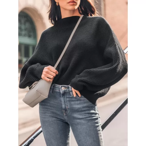 imageCUPSHE Women Sweater Oversized Mock Neck Long Bishop Sleeve Ribbed Knit Jumper TopsBlack