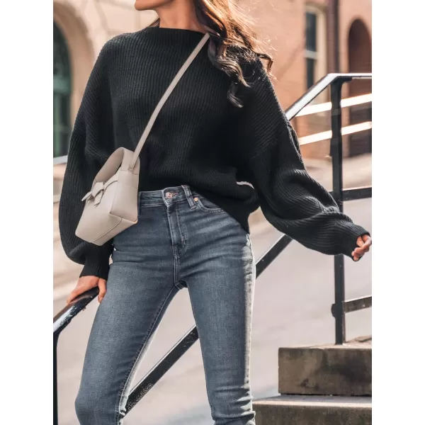 imageCUPSHE Women Sweater Oversized Mock Neck Long Bishop Sleeve Ribbed Knit Jumper TopsBlack