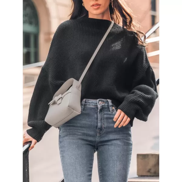 imageCUPSHE Women Sweater Oversized Mock Neck Long Bishop Sleeve Ribbed Knit Jumper TopsBlack