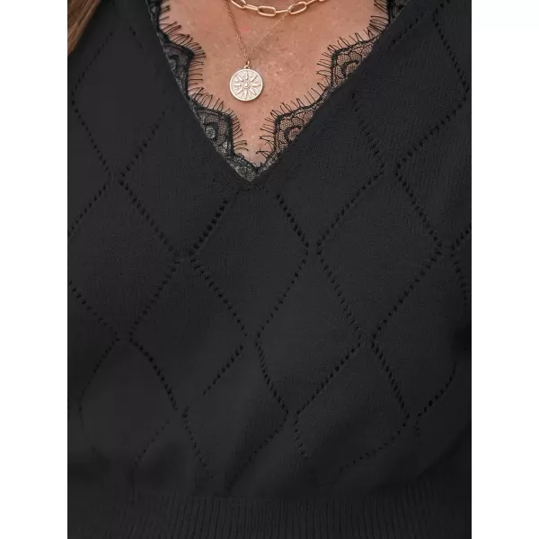 imageCUPSHE Women Sweater Pointelle Knit Scalloped Lace Dress Long Drop Sleeve Pullover CasualBlack