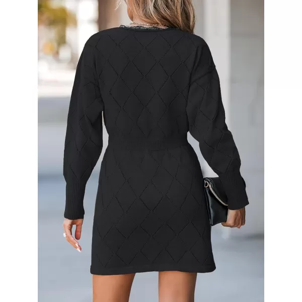 imageCUPSHE Women Sweater Pointelle Knit Scalloped Lace Dress Long Drop Sleeve Pullover CasualBlack
