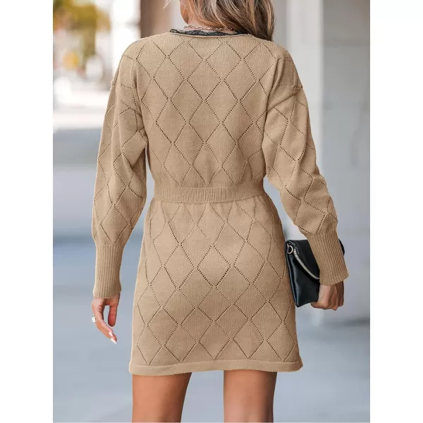 imageCUPSHE Women Sweater Pointelle Knit Scalloped Lace Dress Long Drop Sleeve Pullover CasualBrown