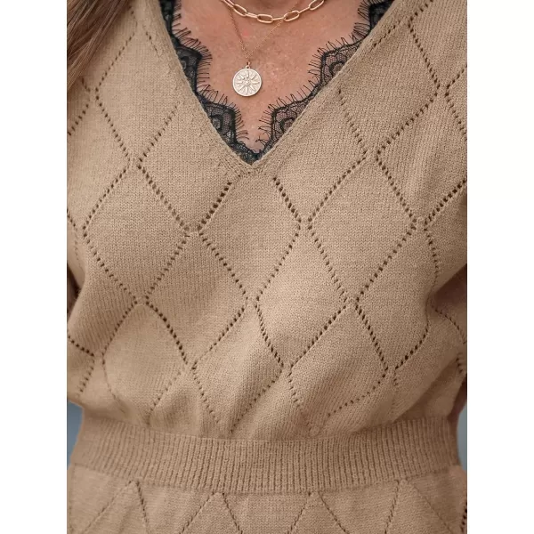 imageCUPSHE Women Sweater Pointelle Knit Scalloped Lace Dress Long Drop Sleeve Pullover CasualBrown
