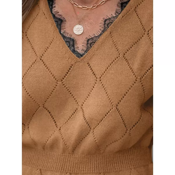 imageCUPSHE Women Sweater Pointelle Knit Scalloped Lace Dress Long Drop Sleeve Pullover CasualDark Brown