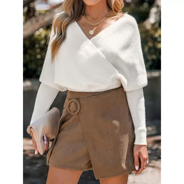 imageCUPSHE Women Sweater Ribbed Surplice Neck Cropped Tops Cross Front Kint Pullover CasualWhite
