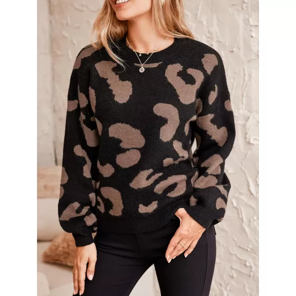 imageCUPSHE Women Sweater Round Neck Dropped Long Sleeves Animal Printed Ribbed Knit Jumper TopsBlack Printed