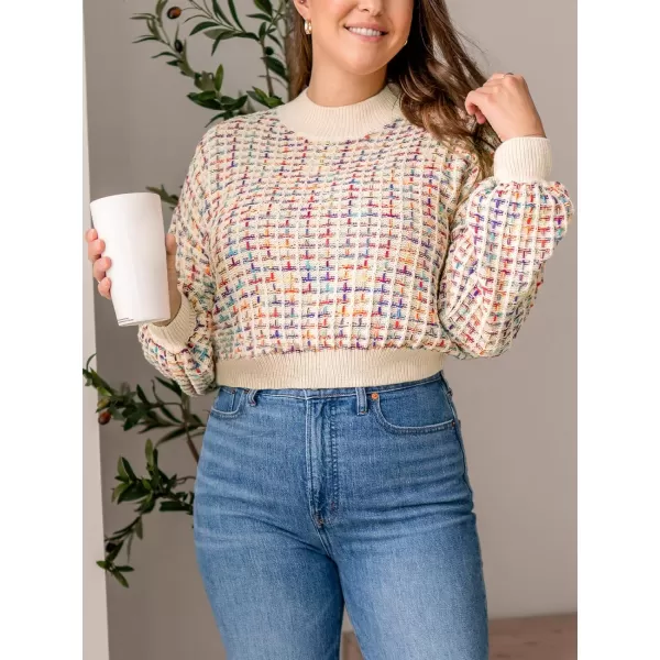 imageCUPSHE Women Sweater Round Neck Sweater Multicolored Casual Tops Long Puff SleevesMuiticolored