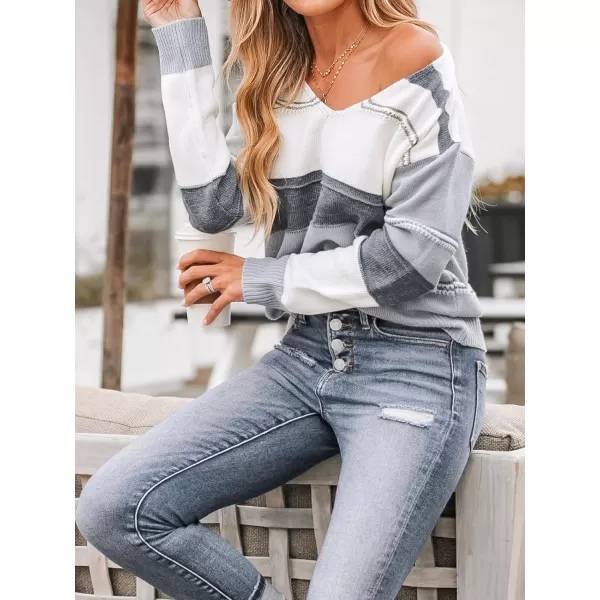 imageCUPSHE Women Sweater Striped Colorblock VNeck Tops Long Drop Sleeve Pullover CasualGrey