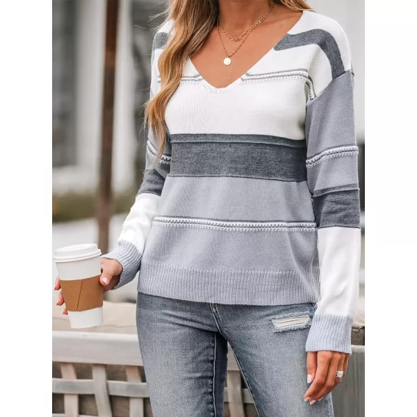 imageCUPSHE Women Sweater Striped Colorblock VNeck Tops Long Drop Sleeve Pullover CasualGrey