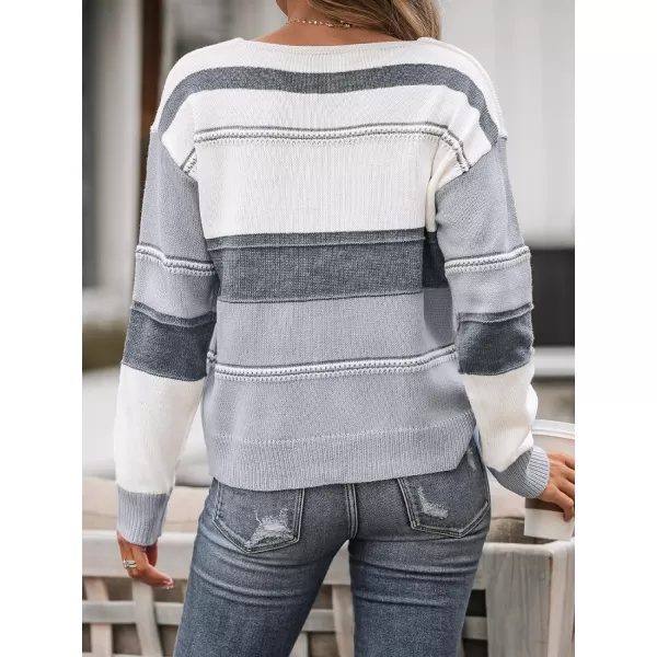 imageCUPSHE Women Sweater Striped Colorblock VNeck Tops Long Drop Sleeve Pullover CasualGrey