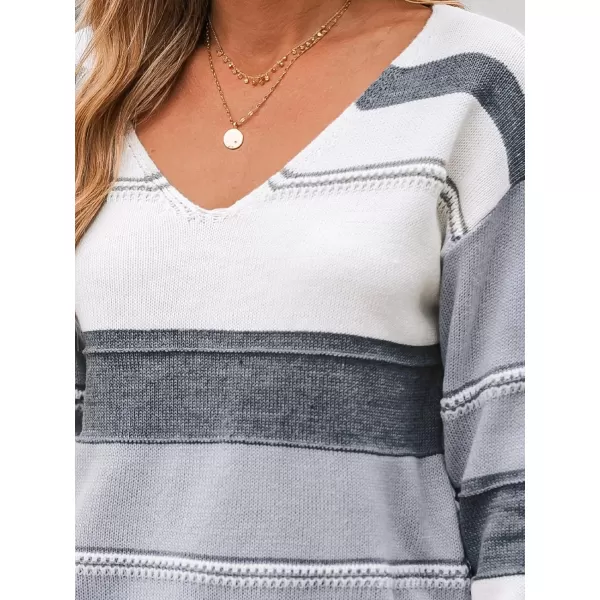 imageCUPSHE Women Sweater Striped Colorblock VNeck Tops Long Drop Sleeve Pullover CasualGrey