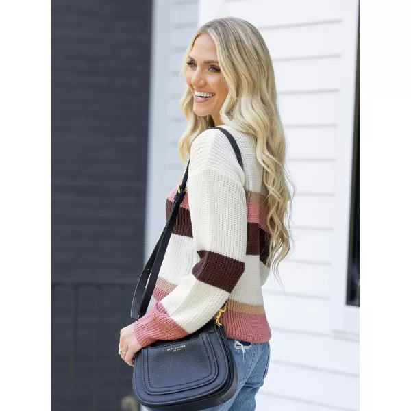 imageCUPSHE Women Sweater Striped Drop Sleeve Rib Long Sleeve VNeck PulloversWhite Stripe