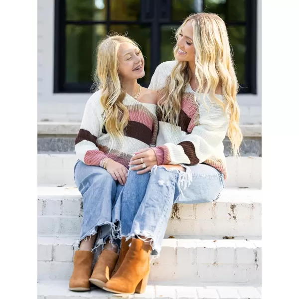imageCUPSHE Women Sweater Striped Drop Sleeve Rib Long Sleeve VNeck PulloversWhite Stripe