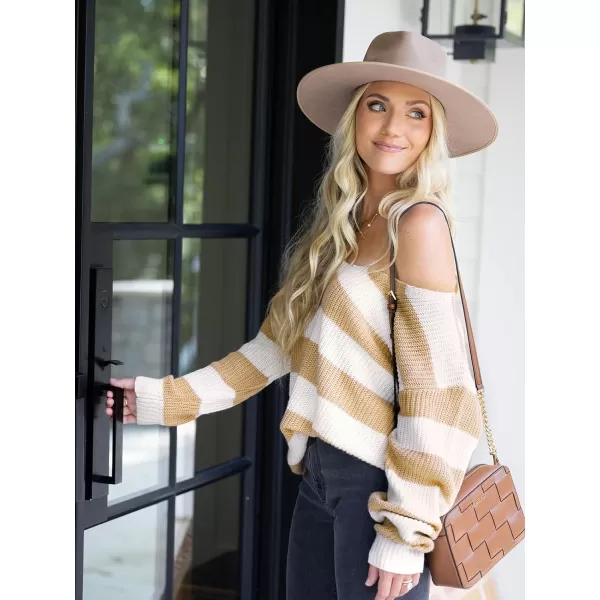 imageCUPSHE Women Sweater Striped VNeck Drop Long Sleeve Pullover SweatersWhite Stripe