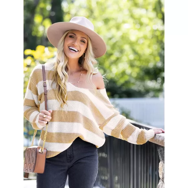 imageCUPSHE Women Sweater Striped VNeck Drop Long Sleeve Pullover SweatersWhite Stripe