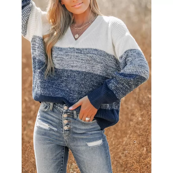 imageCUPSHE Women Sweater Striped VNeck Tops Long Drop Sleeve Pullover CasualBlue